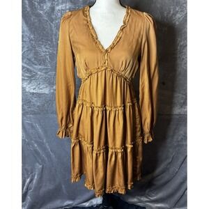 Bohme Dress Womens Medium Tan Deep V Fairy Y2K Open Back Short‎ Long Sleeve